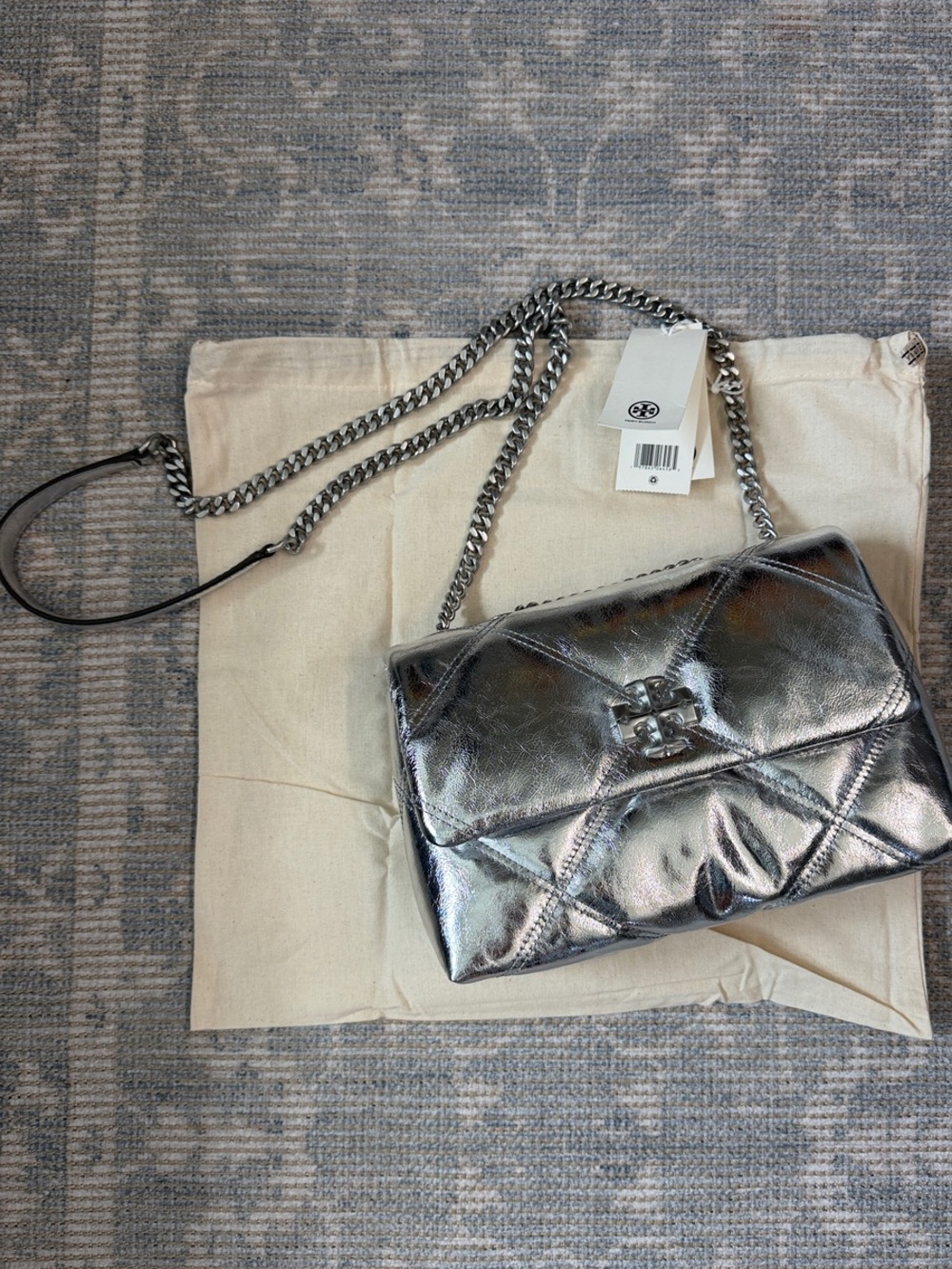 Tory Burch Silver Metallic Kira Quilted Chain Shoulder Bag